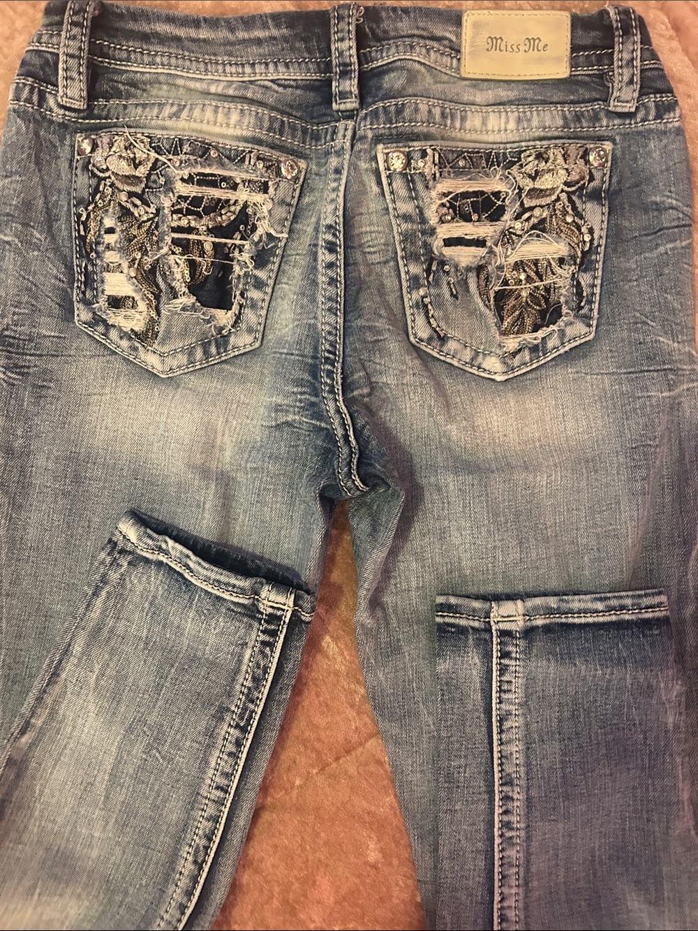 Miss Me Faded Blue Low Rise Ankle Jeans Embellished Distressed Back Pockets